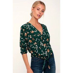 Lulus Cole Valley Dark Green Floral Print Tie-Front Top Size Medium